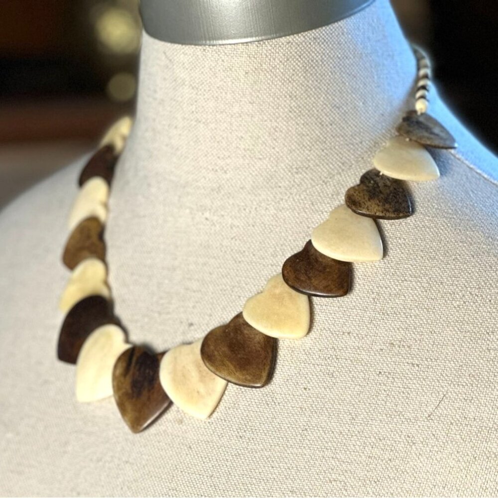 Vintage Horn Statement Necklace, Graduated Brown & Cream Panels, African Tribal - Picture 9 of 9